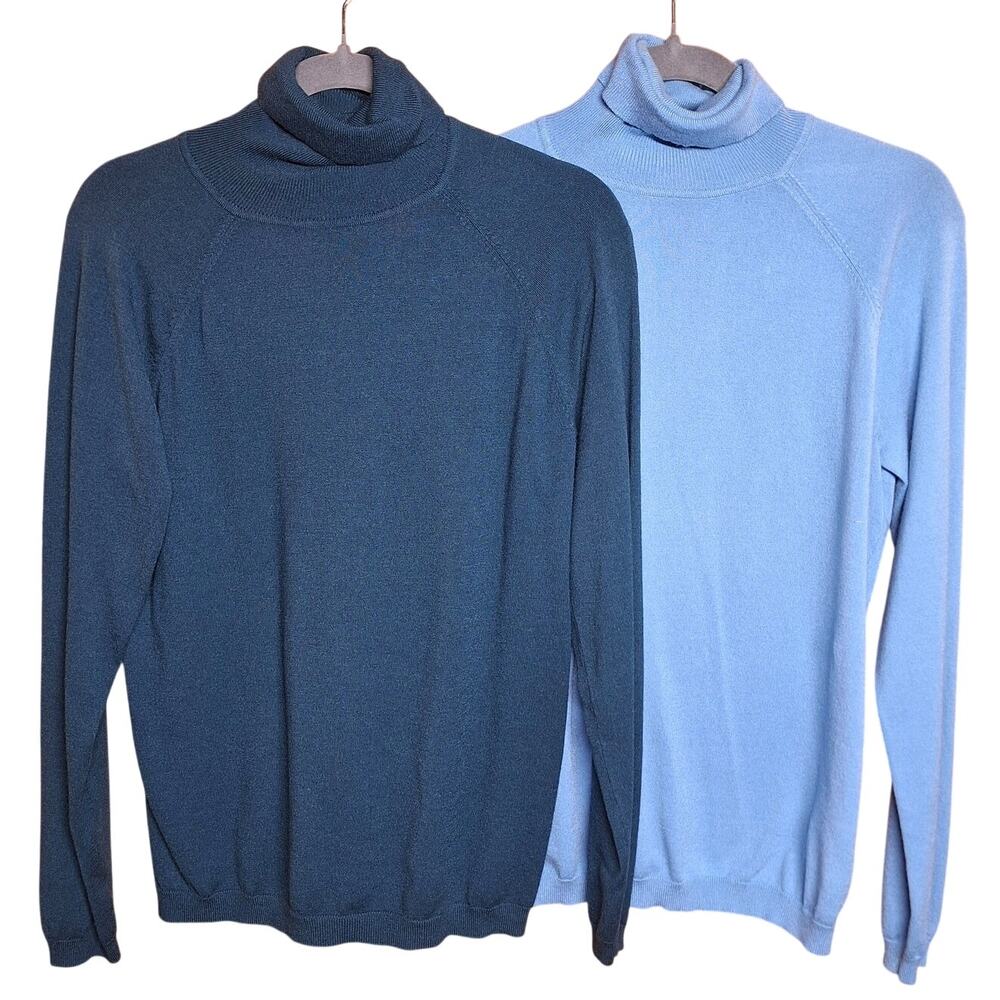 Talbots Lot of 2 rayon blend stretch turtleneck fitted sweaters bundle teal blue